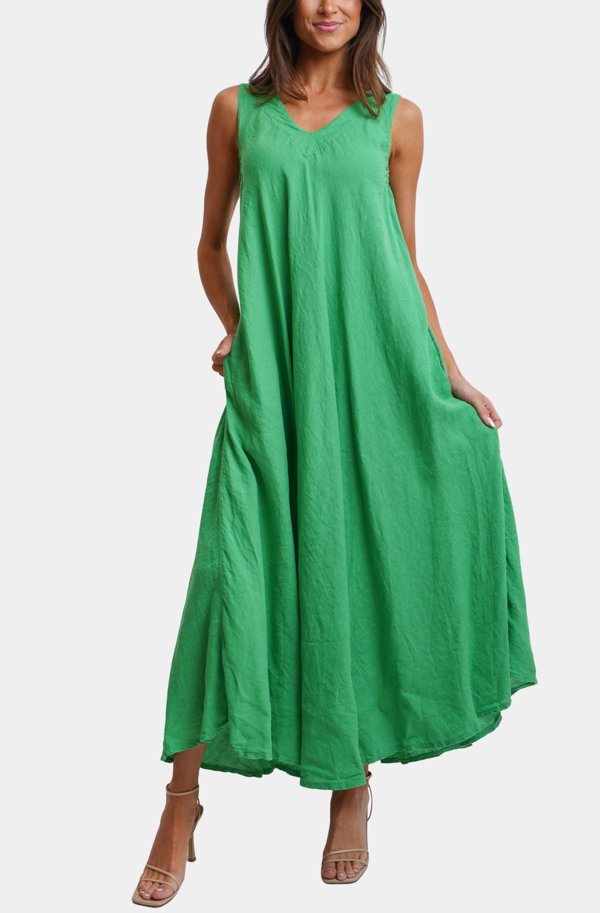 Linen V-Neck/Back Maxi Tank Dress With Pockets Hemline Dallas Linen V-Neck/Back Maxi Tank Dress With Pockets Hemline Dallas